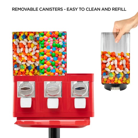 Commercial Candy Machine Dispenser Featuring Center Gumball Reel And Roomy Side Candy Bins Coin Operated Snack Stand showcasing colorful removable canisters.