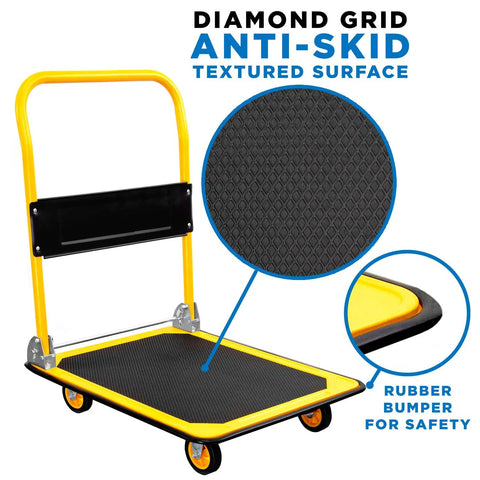 Heavy Duty Folding Hand Truck Dolly Featuring A Rock Solid 660 Pound Weight Capacity And Easy Glide 360 Swivel Casters Foldable Flatbed Cart with textured anti-skid surface.