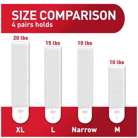 Size comparison chart for large picture hanging strips showing 4 pairs holding 20 lbs (XL), 15 lbs (L), 10 lbs (Narrow, M).