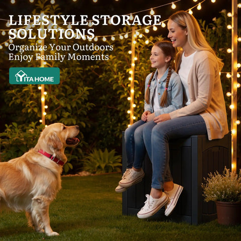 Built Tough Outdoor Resin Storage Bin With Locking Snap Lid Holds 31 Gallons Of Lawn And Patio Gear All Season Long Durable Plastic Tote, used for seating in outdoor setting.