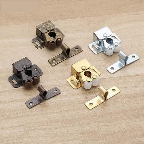 Metal magnetic cabinet catches in various finishes for wardrobe furniture soft close damper buffer no fuss easy install hardware accessory.