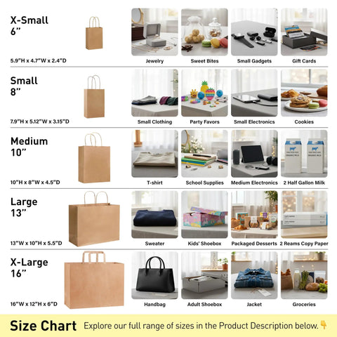 Size chart displaying Rainbow Gift Bags With Handles Set 24 Pack 8 Inch Multi Color Paper Party Favor Bags For Goodies Birthdays Events Classrooms And Celebrations Party Ready Treat Bags For Gifts alongside other bag sizes and uses.