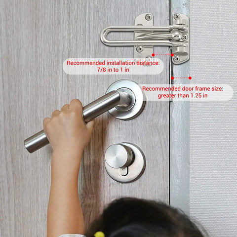Bulletproof 4 Pack Swing Bar Door Guard, Heavy Duty Zinc Alloy Security Latch For Apartments And Rental Units, Satin Nickel Privacy Reinforcement Lock For Easy Side Mount installed on door with hand reaching for handle.