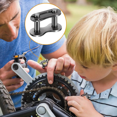 Father and son fixing bike with Five Pack No. 41 Roller Chain Connecting Links Made From Master Manganese Steel, illustration shown.