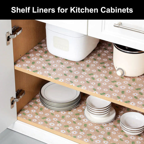 Non Adhesive Eva Shelf Liner Kitchen Cabinet And Drawer Protector Easy Cut Length Self Adjusting No Slip Cushion Mat in daisy pattern.