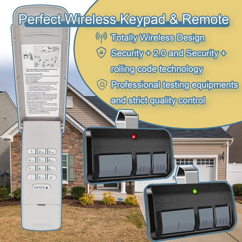 877MAX Keypad With 2 Pack 893MAX Remote For No Hassle Garage Door Opener Control in front of house with wireless design features