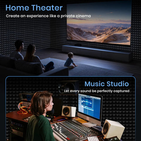 Legit Badass High Density Pyramid Soundproof Foam Panels For Walls 52 Pack 12X12X2 used in home theater and music studio setup.
