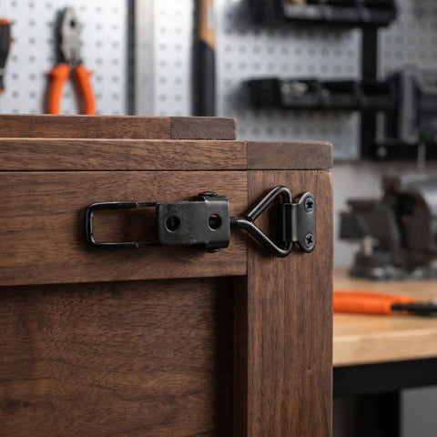 Super Cool 12 Pc Heavy Duty Black Adjustable Toggle Clamps Securely Lock Down Gear Cabinets With Zero Shake And Gaps For Any Tough Project mounted on wooden cabinet.