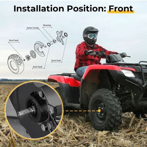 Front Wheel Bearings And Seals Kit For Honda Fourtrax Rancher 350 400 420 4x4 Edition, shown in installation position on ATV.