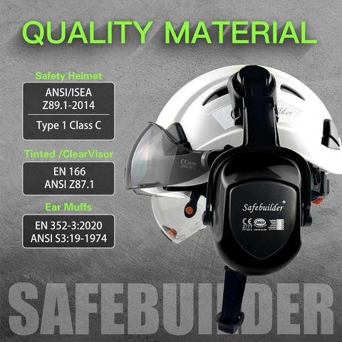 Construction Safety Helmet With Clear And Tinted Visors Earmuffs Hearing Protection White Industrial Hard Hat For Engineers 6 Point Suspension Adjustable Fit 53 To 63 Cm Comfortable Headgear For Tough Jobs displayed on a gray background.