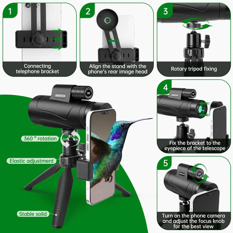 Instructional diagram showing setup of 80x100 HD Monocular Telescope With Smartphone Adapter And Tripod, highlighting assembly steps.