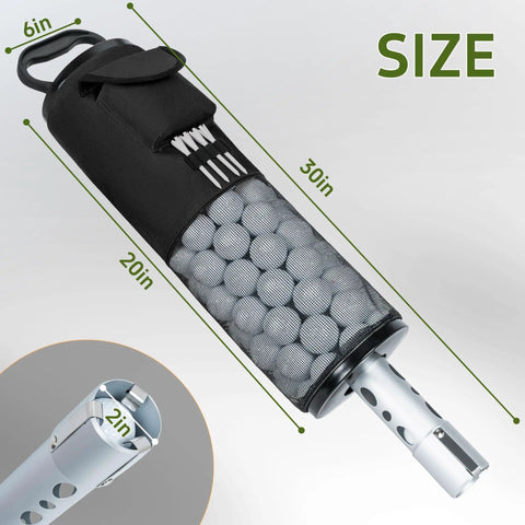 Large Capacity Golf Shag Bag With Detachable Aluminum Tube Ball Retriever Holds Up To 90 Balls, Includes Tee Holders And Accessory Pocket. Dimensions 30in x 20in x 6in.