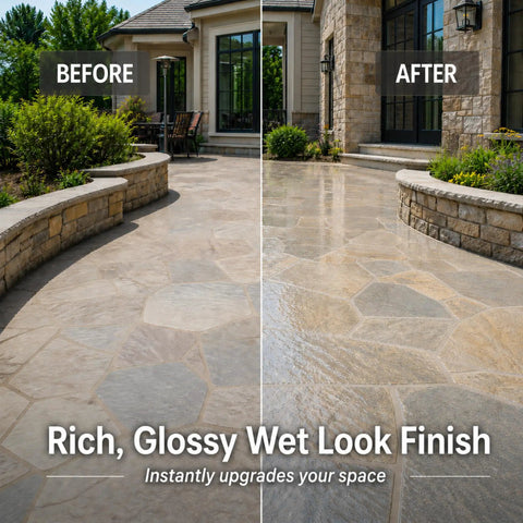 Before and after applying Wet Look Stone Sealer For Pavers And Surfaces Indoor Outdoor Slick Gloss Finish on patio