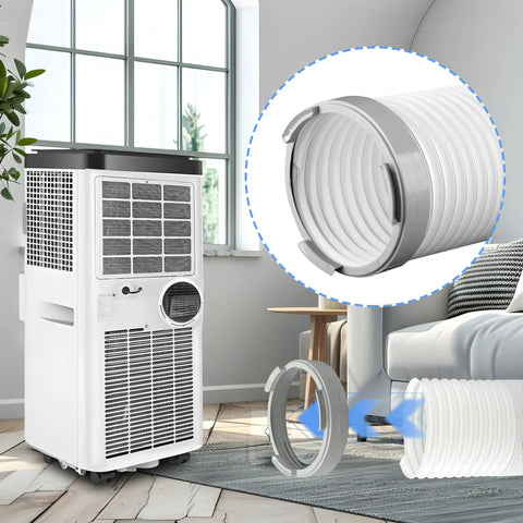 Round 5.9 Inch Portable Air Conditioner Exhaust Hose Coupler Window Adapter for Round AC Unit Outlet displayed with air conditioner and hose.