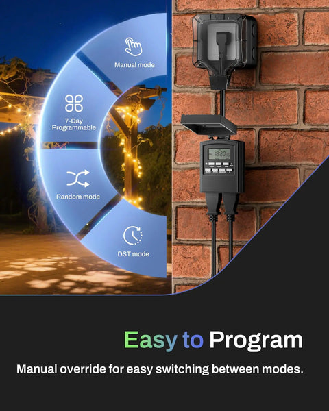 Outdoor Heavy Duty Digital Programmable Timer With Two Grounded Outlets mounted on brick wall, 7 day scheduling display