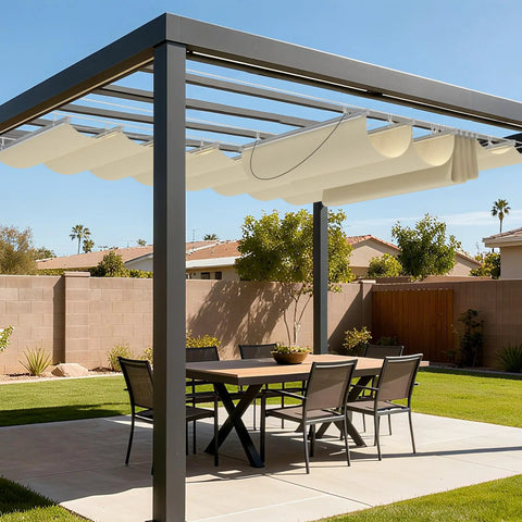 7' x 12' Retractable Wave Sun Shade Sail for patio, visible on a pergola in a backyard, beige breathable polyethylene fabric.