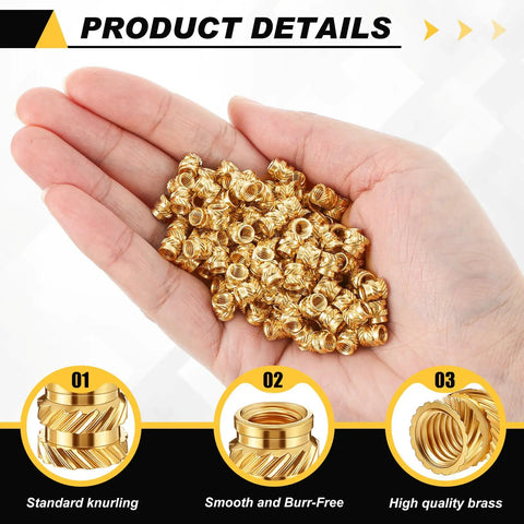 Hand holding a bulk pack of 300 brass M4 heat set threaded inserts knurled for plastic, durable M4 x D6 x L6 fit for 3D printing components.