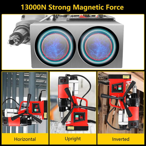 1300W Portable Magnetic Drill Press For Steel Beams And Metalworking Projects With 2 Inch Boring Capacity 810 Rpm Variable Speed And Ten Speed Settings Includes Quick Change Chuck And Eighteen Piece Bit Set, showcasing strong 13000N magnetic force in various positions.