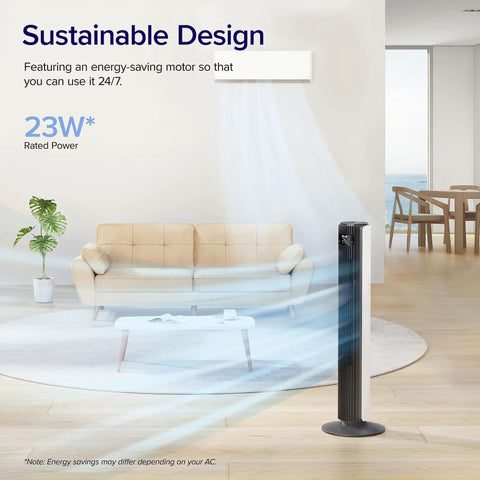 Smooth Operator Tower Fan With Slick Remote And Strong Airflow For Big Rooms Plus Buttery Quiet 12 Speed Settings With Chill 12 Hour Timer in a modern living room.