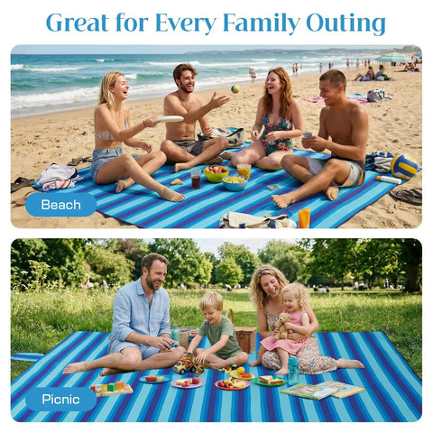 Extra Large Beach Blanket Waterproof And Sand Free For 3 To 4 People 7 By 7 Feet Lightweight Beach Mat in use at beach and park
