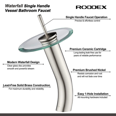 Waterfall Glass Spout Bathroom Faucet With Single Handle Solid Brass Lavatory Vessel Sink Vanity Tap Built To Last In Brushed Nickel Finish Tall Design For A Slick Modern Bathroom Upgrade, showing side view with features listed.