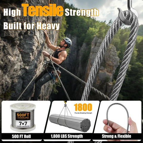 Rugged Marine Grade 1/8 Inch Stainless Steel Cable For Railing And Deck Fencing With Cutter, 7x7 Wire Rope, 500 Ft Roll