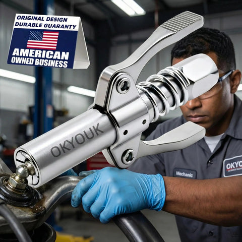 High Pressure Grease Gun Coupler For 10,000 PSI Systems, Leak Resistant One Eighth Inch NPT Thread Fitting in use
