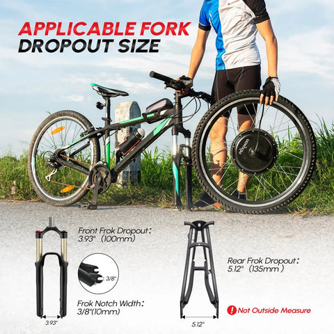 Bicycle with Dope 26 Inch Front Wheel Electric Bike Conversion Kit 48V 1200W Hub Motor, showing fork dropout size guide.