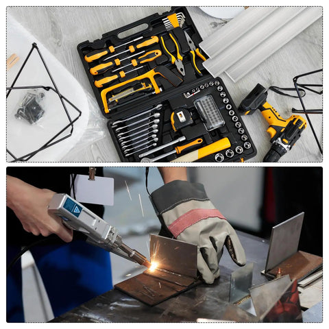Tool set and cordless drill with wires next to welding of Six Pack Square Aluminum Flat Bar Workhorse One Eighth Inch Thick Five