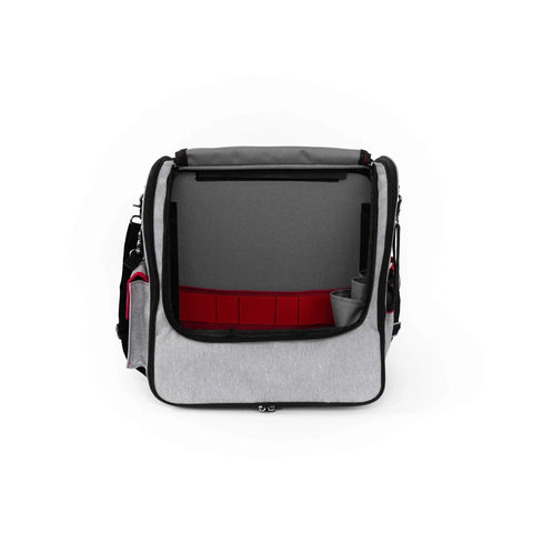 Open view of Pro Painters Tool Bag Deluxe with adjustable shoulder strap, dual sides for tools, showing interior pockets.