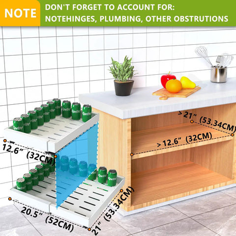 Two Pack Expandable Pull Out Cabinet Organizers 21 Inch Deep showing adjustable widths with soft drink cans and kitchen layout.