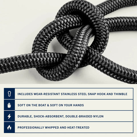 Rock Solid Double Braided Boat Anchor Rope, 50 Foot Nylon Marine Anchor Line with durable double-braided nylon and stainless steel thimble.
