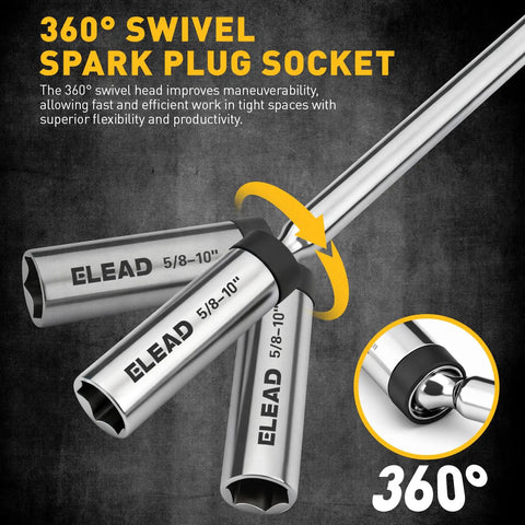 Slick Professional Grade Eight Piece 3/8 Drive Magnetic Swivel Spark Plug Socket Kit showcasing a 360° swivel head for tight spaces.