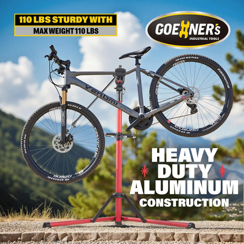 Beefed Up 2.0 Bike Repair Stand Portable Aluminum Workstand For Electric Mountain And Road Bikes 110 Lb Capacity With Rust Resistant ABS Head Clamps And Heavy Duty 1.78 Inch Tube supporting a bike outdoors.
