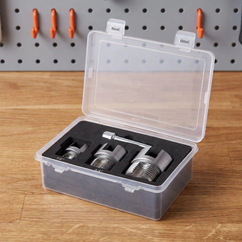 Heavy Duty Dual Function Pipe Threader Kit For Power Drill Cuts And Threads Half Through One Inch PVC Pipe With No Sweat Dead Easy Install Smooth Operation in a clear case.
