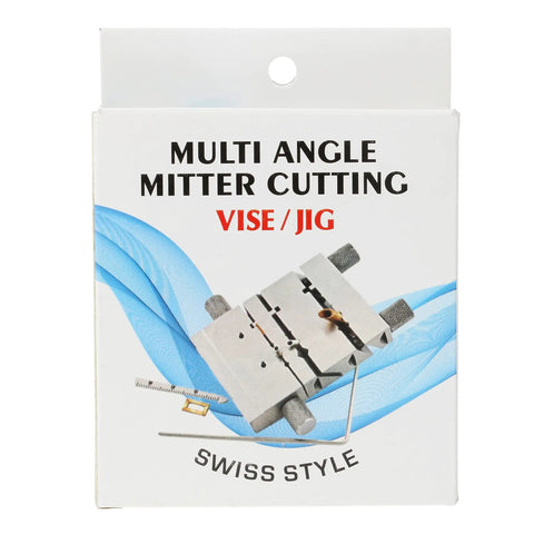 Swiss Style Miter Cutting Vise Jig Forged From Hardened Steel Measures Three Point Seven Five Inches in packaging.
