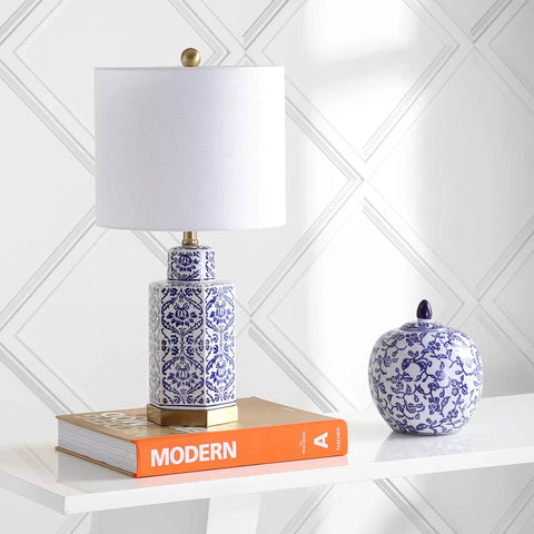 Blue And White Ginger Jar Ceramic LED Table Lamp With Hex Damask Pattern White Linen Shade Brass Accents Includes LED Bulb ETL Listed