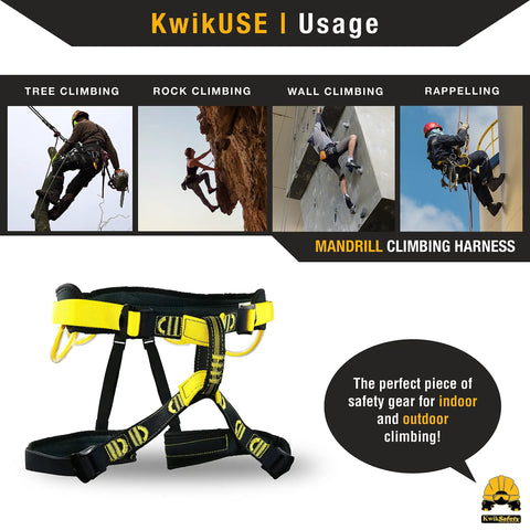 Mandrill Half Body Climbing Harness With Free Tool Lanyard for indoor and outdoor climbing, shown with usage examples.