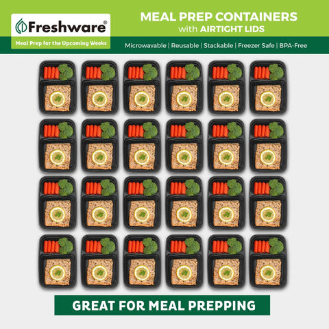 Top Tier Meal Prep Setup, Two Compartment Bento Boxes With Secure Lids, 15 Pack Stackable Food Storage Containers, BPA Free Microwave And Dishwasher Safe, 28 Oz Portions Hit The Spot Daily, arranged neatly with meals.