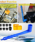 Prop Stop Block And Lightweight Propeller Wrench with Multiple Sockets for Marine Props displayed with boat and tools.
