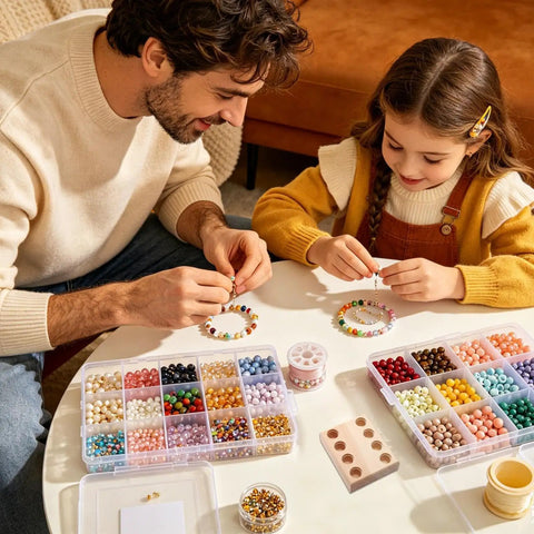 Father and daughter making bracelets with colorful beads on a table, next to a Beading And Pliers Organizer Tray For Desktop And Workbench Tools Multi Slot Pliers Storage Rack For Garage Cabinet Mechanic Shop Easy Grab And Go Secure Hold Keeps Tools Neat And Accessible.