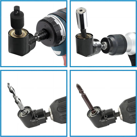 Impact Grade Driver Sockets Adapter Extension Kit Must Have 3Pcs 1/4 3/8 1/2 Universal Socket Adapters And 105 Degree Right Angle Drill Bit Set For Pneumatic Or Electric Screwdrivers Hex Bit Converter For DIY Projects in use with power drills.