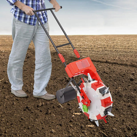 Person using a Walk-Behind Garden Seed Planter With Storage Box Metal Precision Manual Seeder For Planting Corn Soybeans Peanuts