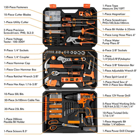 Knockout 313 Piece Ultimate Home Tool Kit With Heavy Duty 12V Cordless Drill And Deep Latch Storage Box showing detailed tools and accessories.