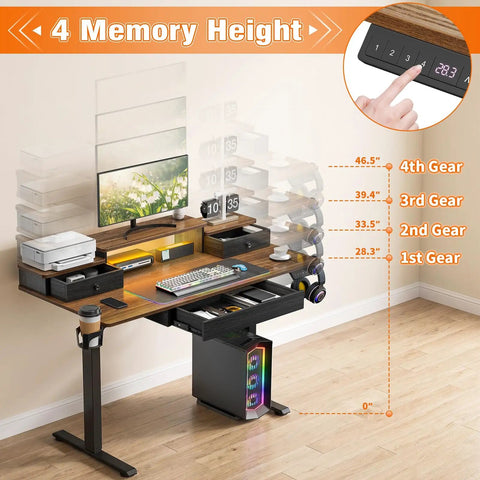 Electric Standing Computer Desk With RGB Lighting And Drawers For Home Office Gaming Setup Adjustable Height ergonomic workstation displaying height settings and drawers.