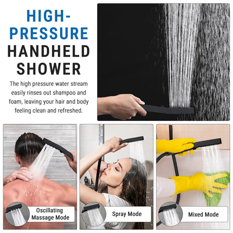 Premium 16 Inch All Metal Rain Shower Head With Handheld Combo In Matte Black demonstrating high-pressure handheld shower use.