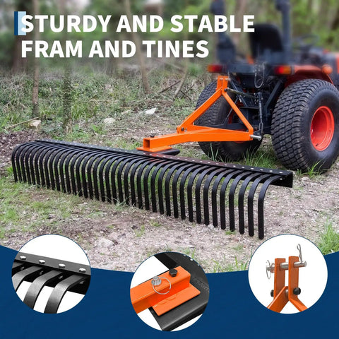 Heavy Duty 6 Foot Tractor Landscape Rake With 37 Steel Tines, 360 Degree Rotation, 3 Point Hitch, Fits Cat 1 And Cat 2 attached to tractor