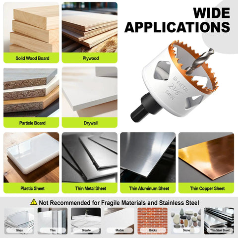 Wide applications of door lock installation kit bi-metal hole saw on wood, metal, drywall, copper, aluminum, plastic sheets.