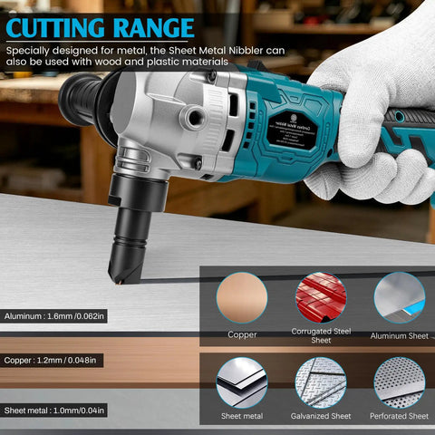 Brushless Cordless Sheet Metal Nibbler For Makita 18V Battery cutting through aluminum sheet with defined cutting range.