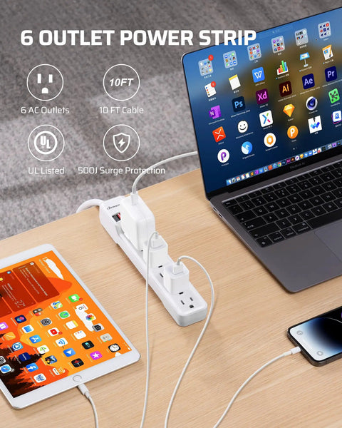 Six Outlet Surge Protector Power Strip With 10 Foot Extension Cord Flat Plug Low Profile Design Wall Mount White UL Listed in use on desk